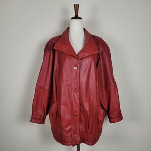 Vintage Pelle Jacket Womens Medium Red Leather 90s Oversized Shoulder Pads